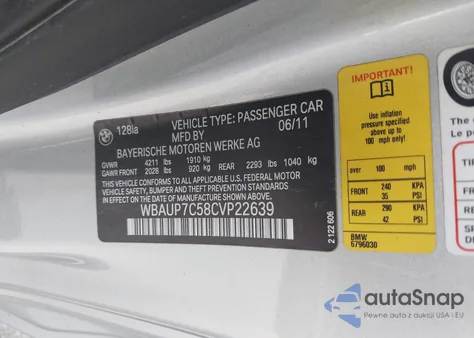 2012 BMW 128I z USA, uszkodzony, nr VIN WBAUP7C58CVP22639